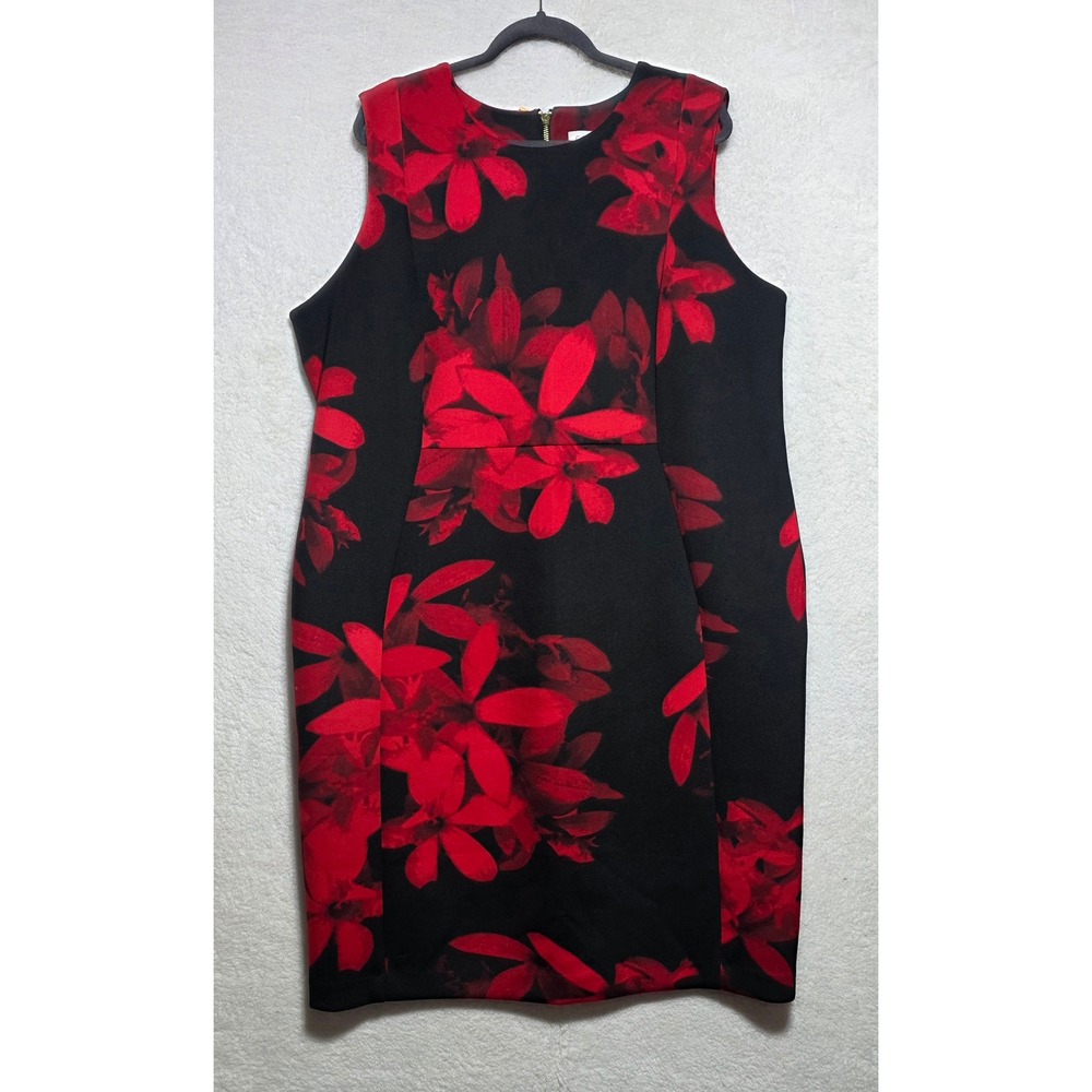 Calvin Klein Women's 22W Red Black Floral Sleeveless Sheath Dress